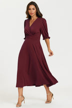 Half Sleeves Jersey Midi Dress with Wrap Neckline In Wine