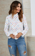 Polka Dot Print Frill Detail High Neck Top In White