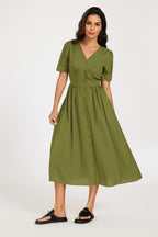 Button Front Short Sleeve Midi Dress In Khaki Green