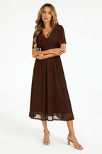 Flutter Sleeve Mesh Midi Dress In Brown