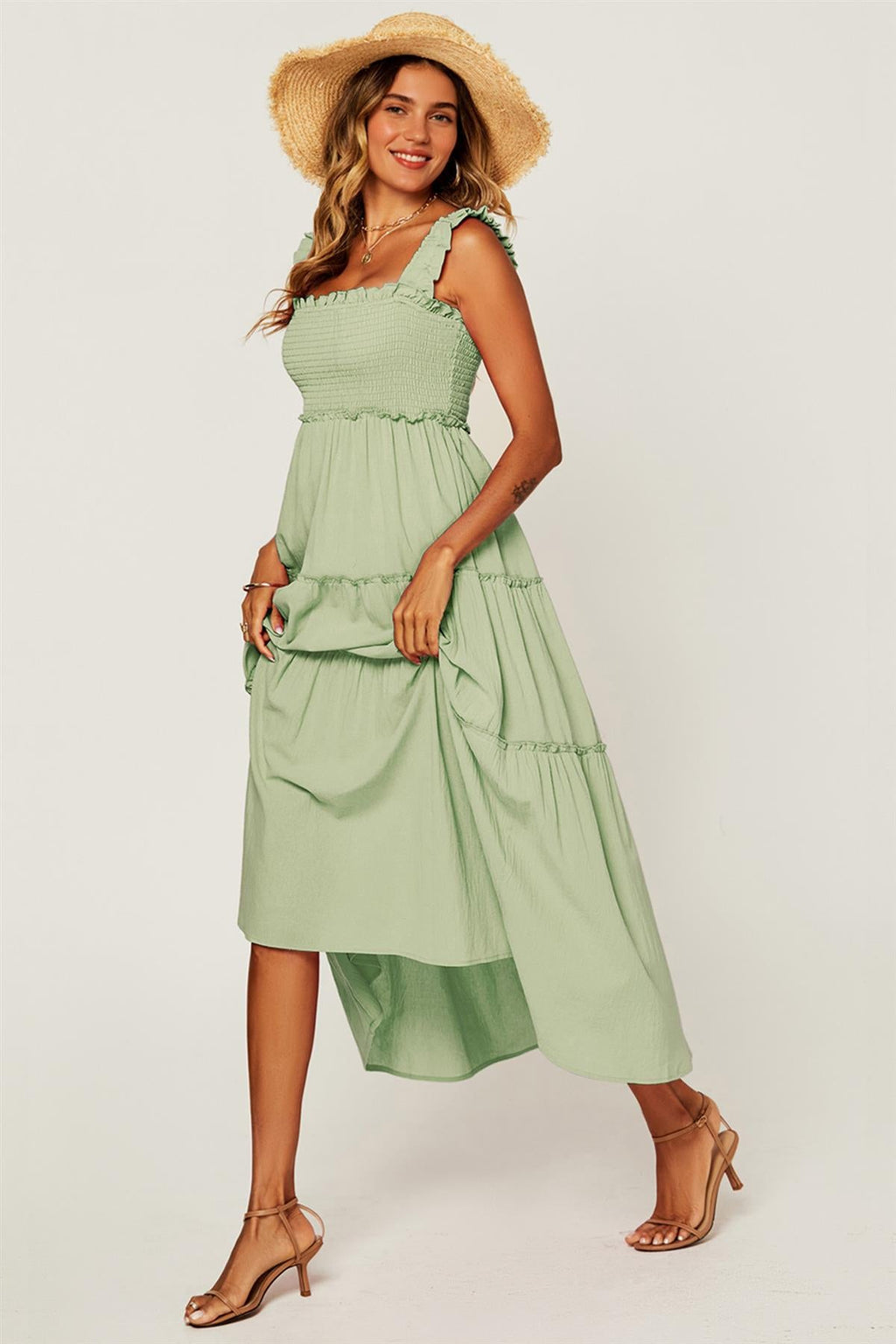 Hem Detail Tiered Maxi Dress In Lime