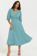 Half Sleeves Jersey Midi Dress with Wrap Neckline In Grey Blue