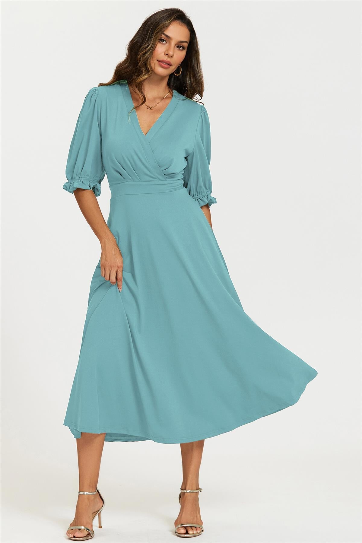Half Sleeves Jersey Midi Dress with Wrap Neckline In Grey Blue