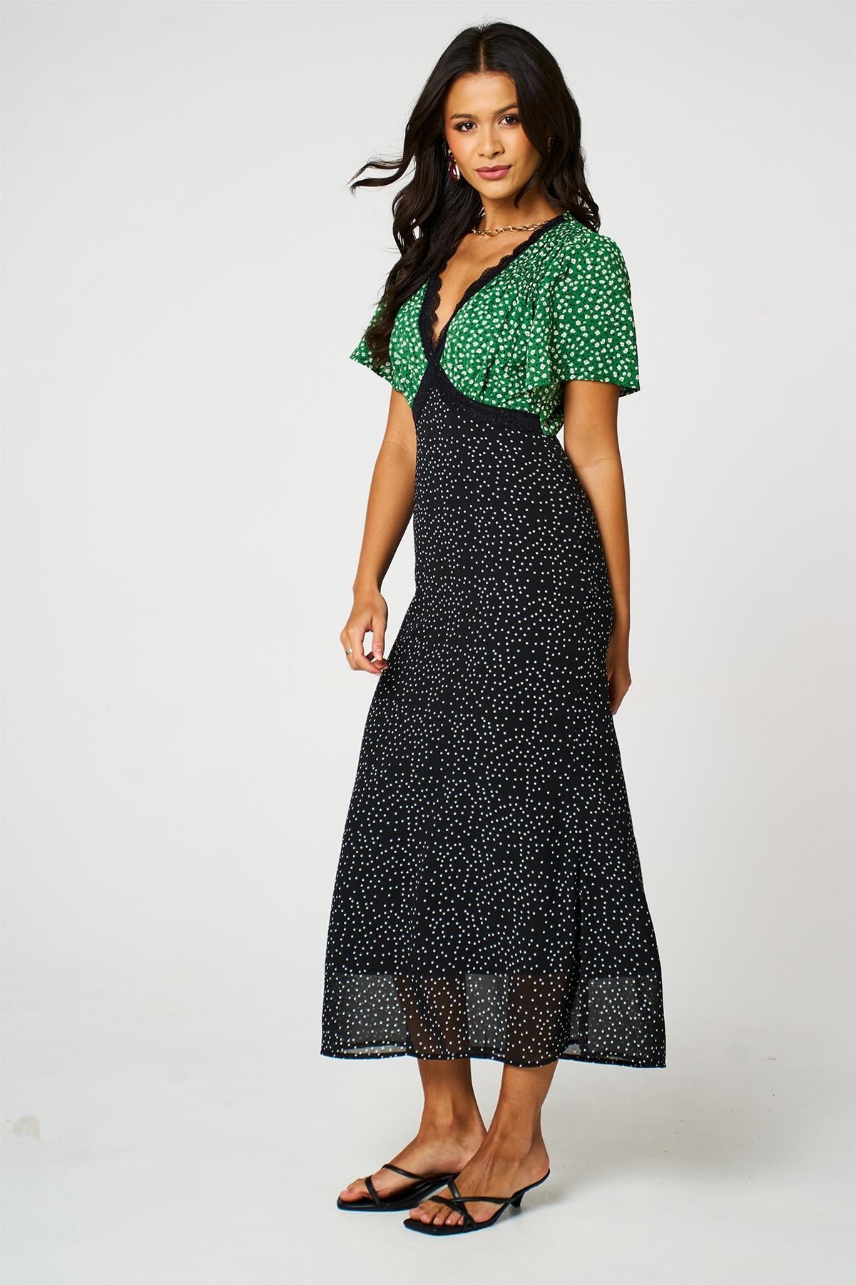 Black Dot & Green Floral Print Angel Sleeve Maxi Dress