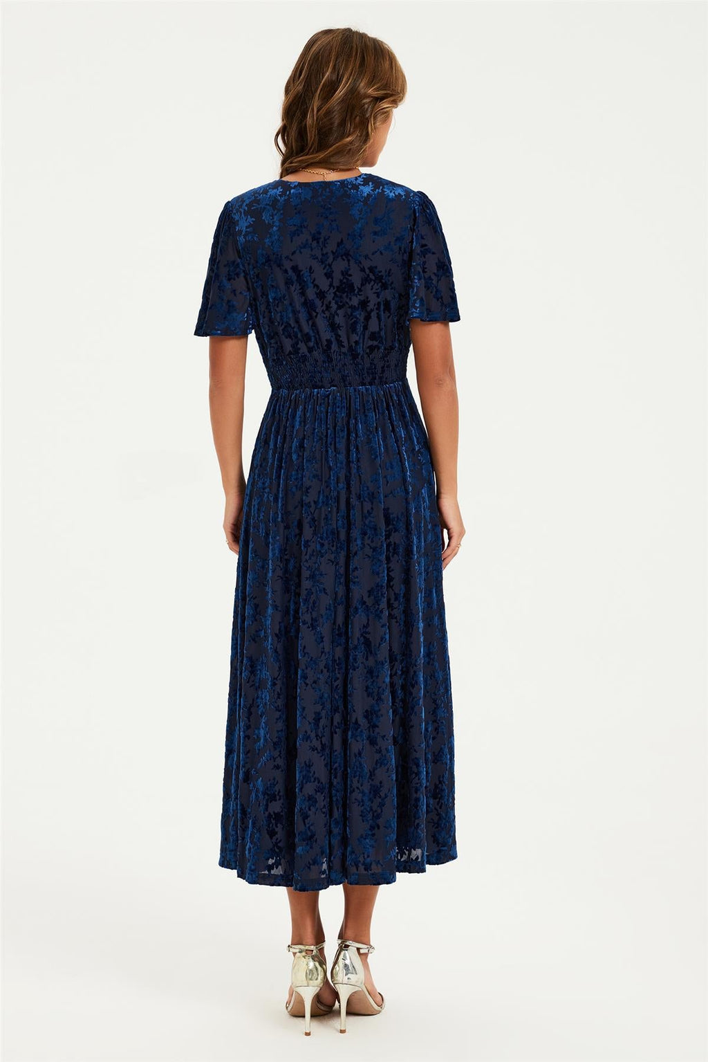Floral Velvet Devore V neckline Dress In Navy
