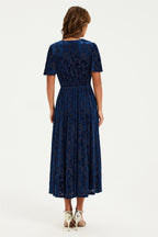 Floral Velvet Devore V neckline Dress In Navy