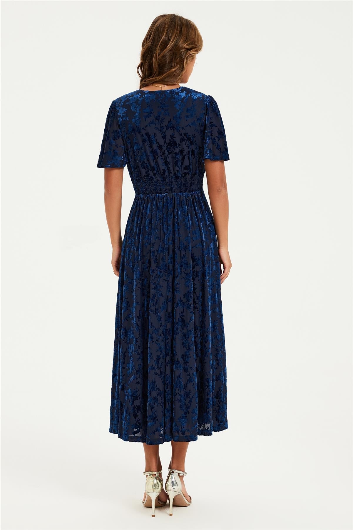 Floral Velvet Devore V neckline Dress In Navy
