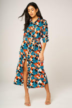 Floral Print Shirt Midi Dress In Multi