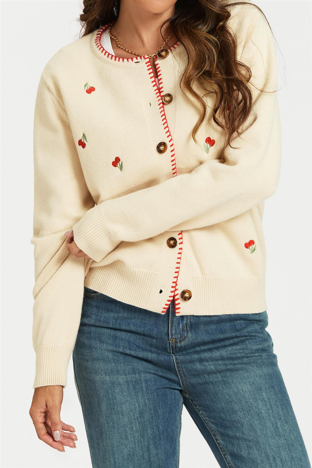 Red Trim Embroidered Cherry Knit Cardigan In Cream