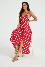 Dot Print Knot Front Midi Dress In Red