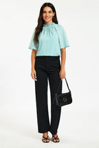 Dot Print Short Sleeve Frill High Neck Top In Blue