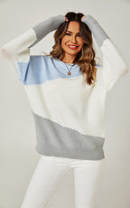 Relaxed Grey & White Block Colour Jumper Top In Blue