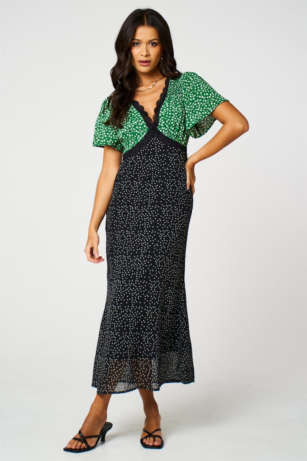 Black Dot & Green Floral Print Angel Sleeve Maxi Dress
