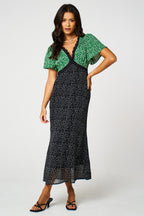 Black Dot & Green Floral Print Angel Sleeve Maxi Dress