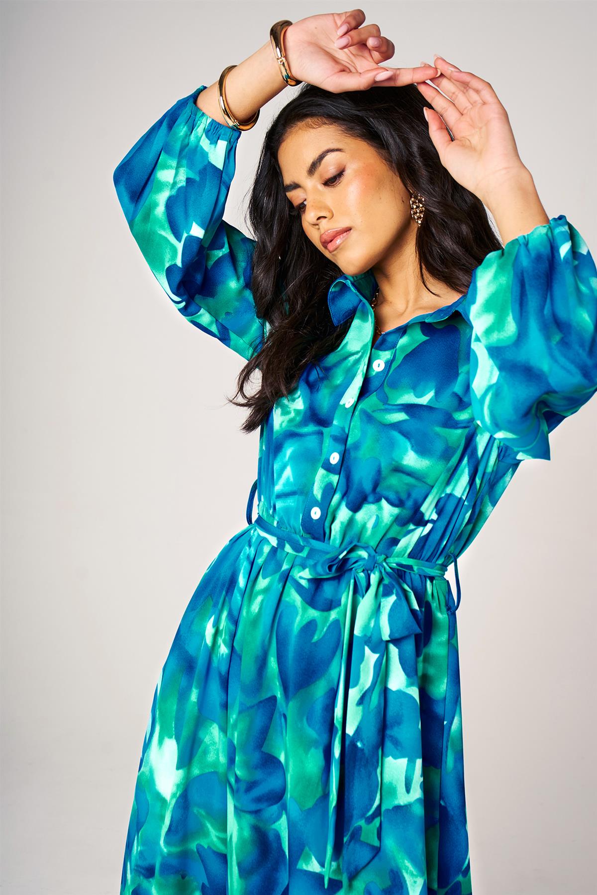 Abstract Floral Print Hem Detail Shirt Midi Dress With Tie Waist In Blue