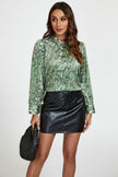 Animal Print Satin Long Sleeve High Neck Top In Green