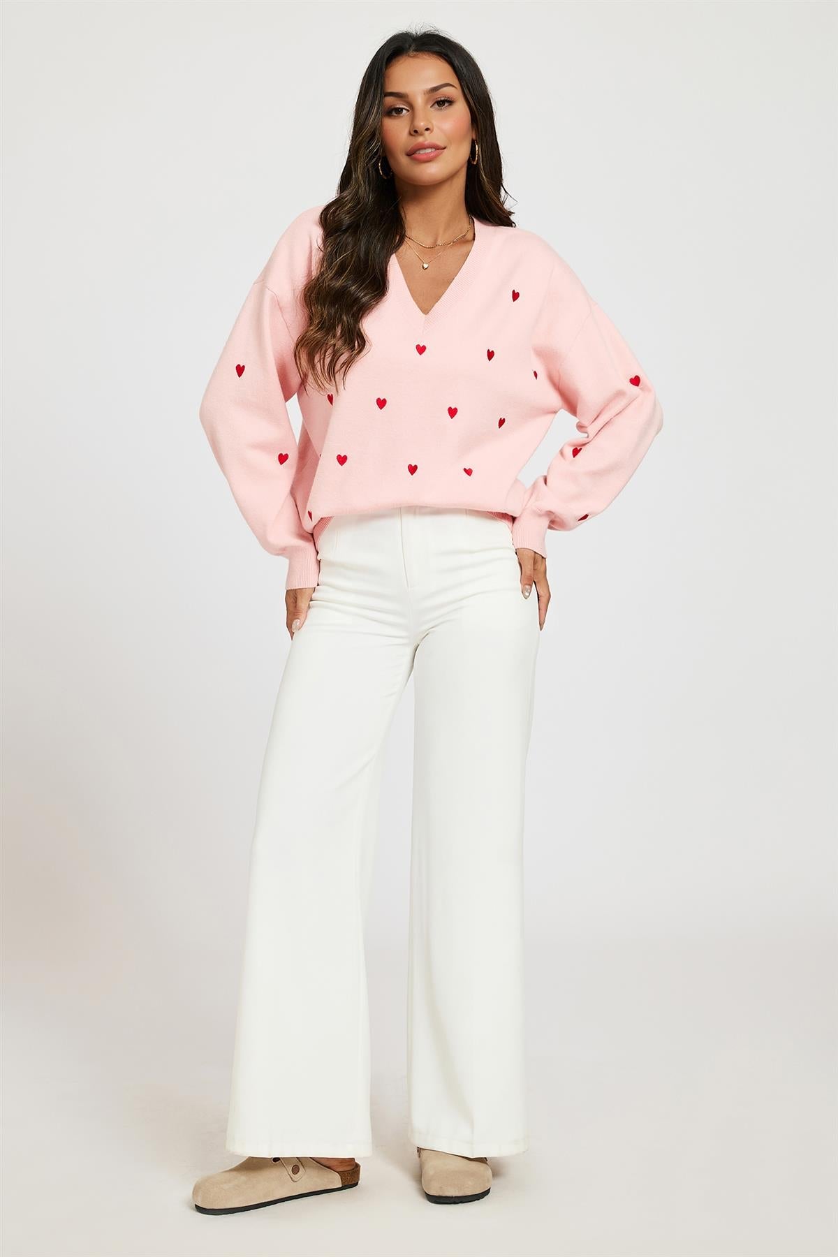 Embroidery Red Heart V Neck Jumper In Milk Pink