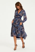 Gold Foil Abstract Print Long Sleeve Midi Dress In Navy