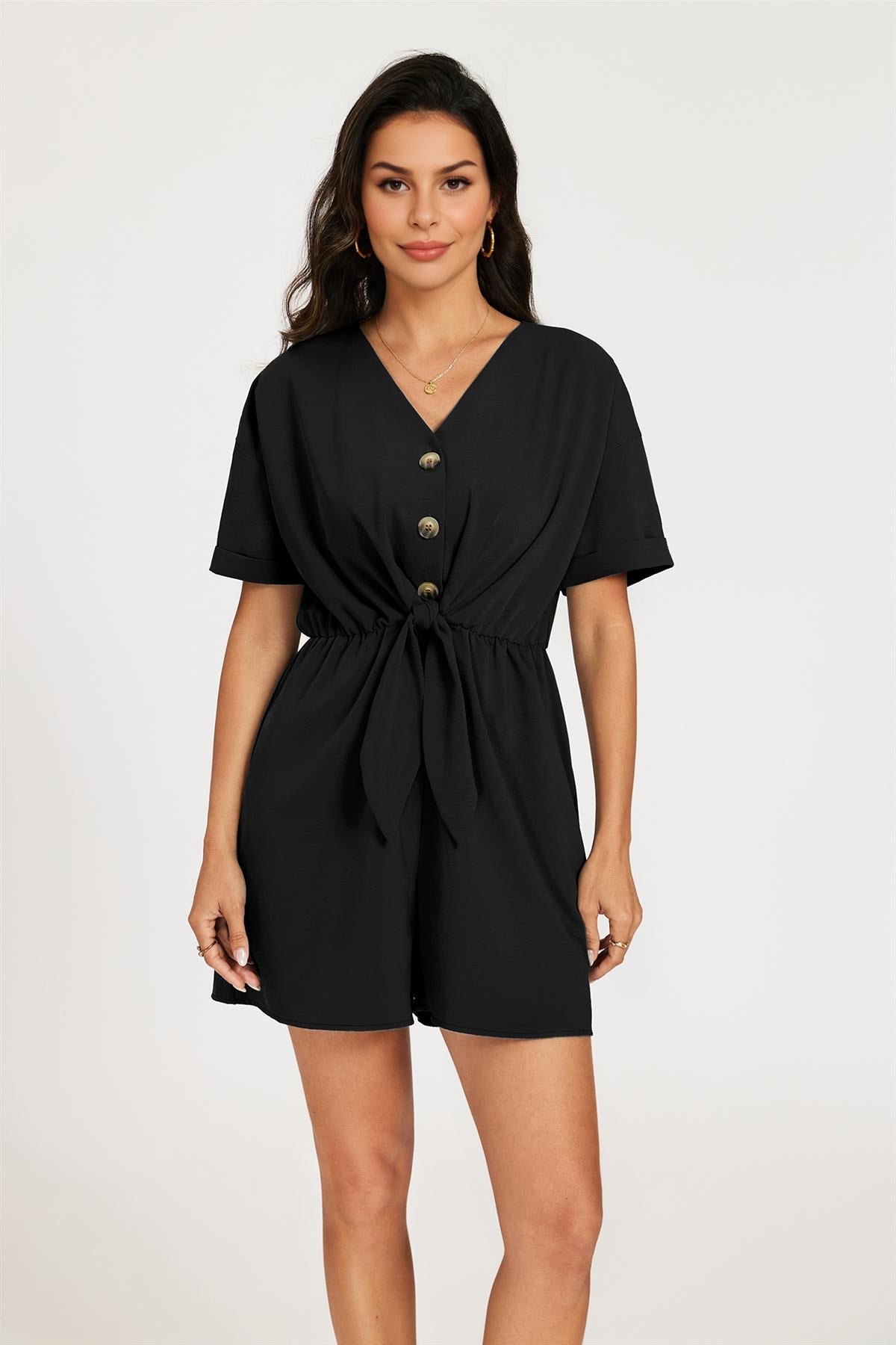 Button Down Playsuit In Black