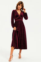 Silver Foil Velvet Lace Trim Neckline Midi Dress In Wine