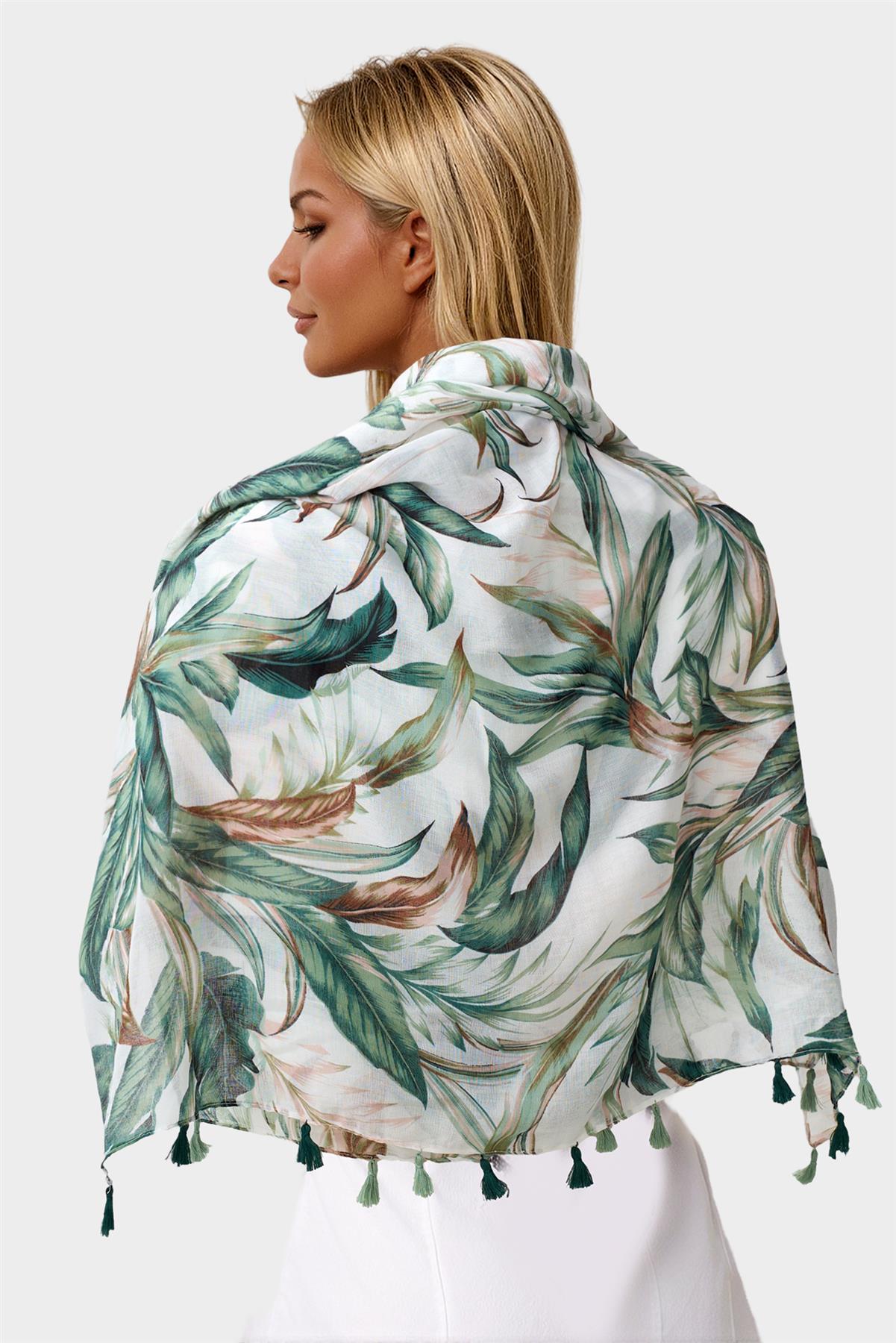 Green Leaf Print Tassel Scarf In White
