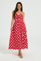 Dot Print Knot Front Midi Dress In Red