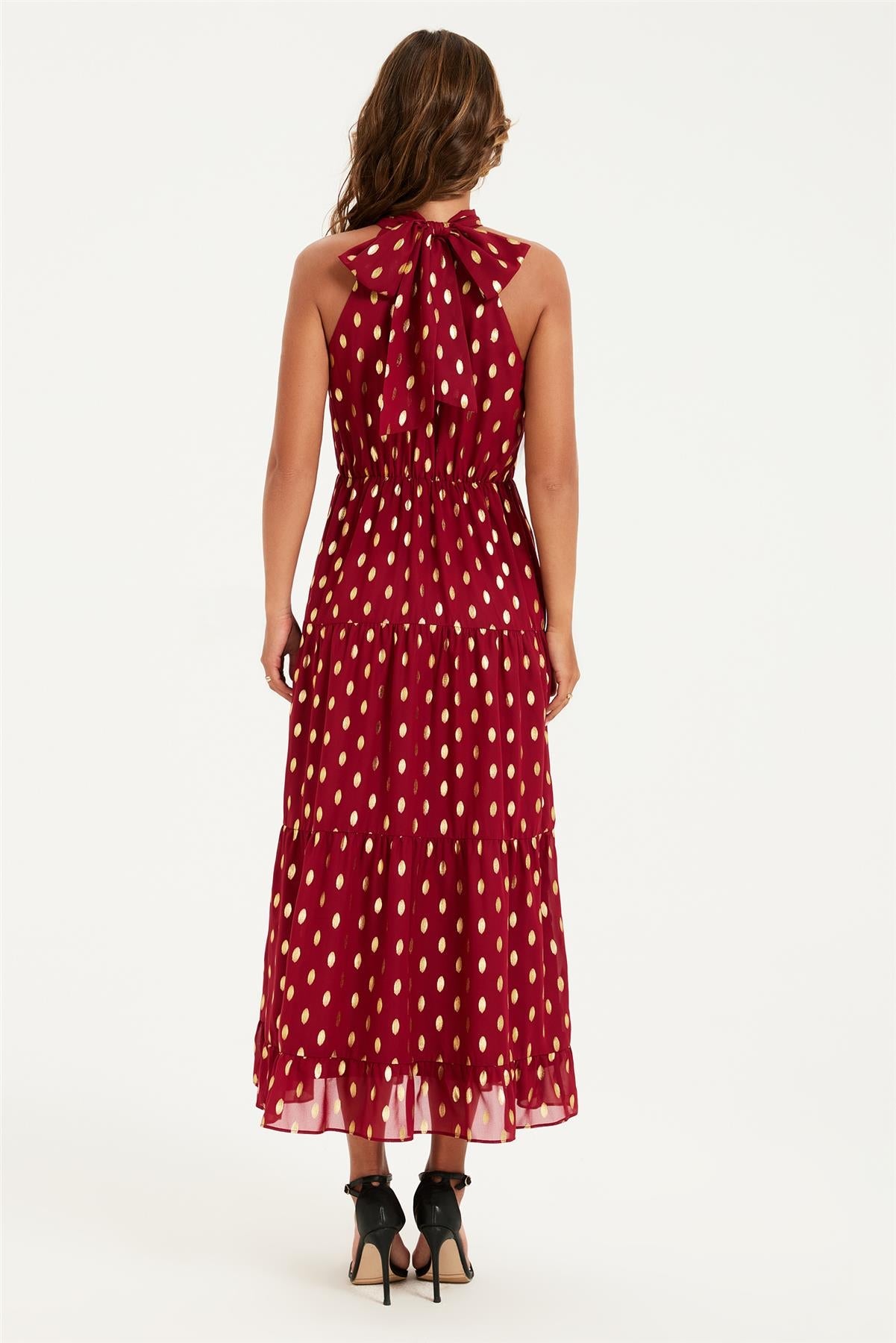 Gold Foil Halter Neck Tie Back Midi Dress In Wine