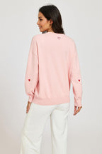 Embroidery Red Heart V Neck Jumper In Milk Pink