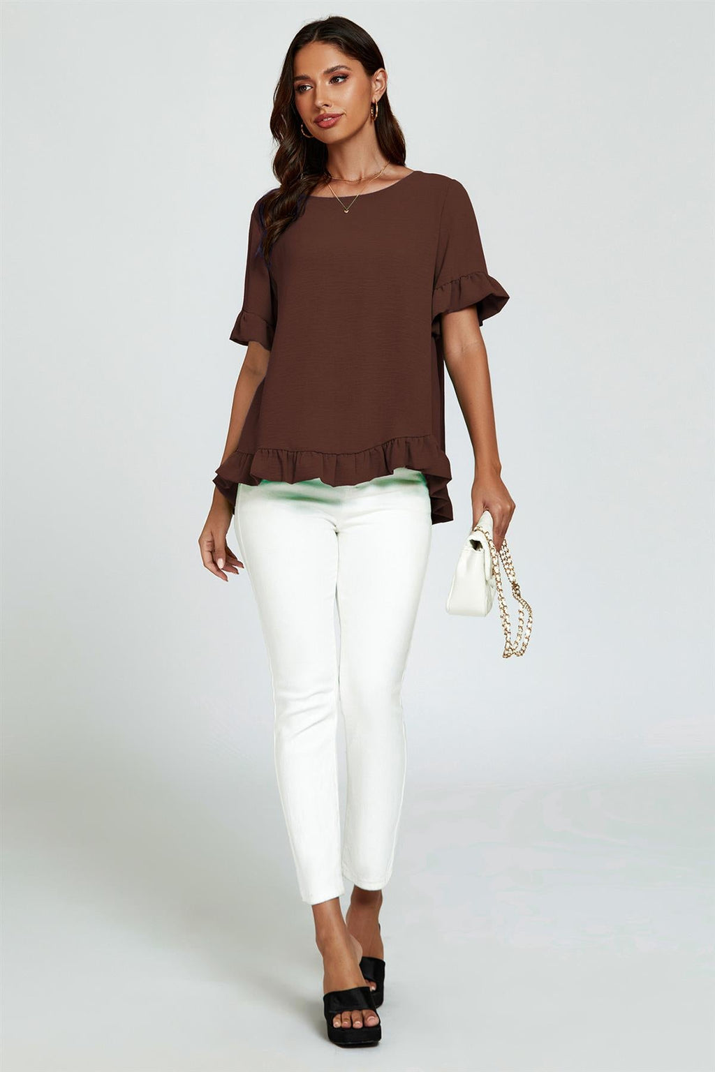 Frill Detail Short Sleeves Top In Brown