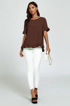 Frill Detail Short Sleeves Top In Brown