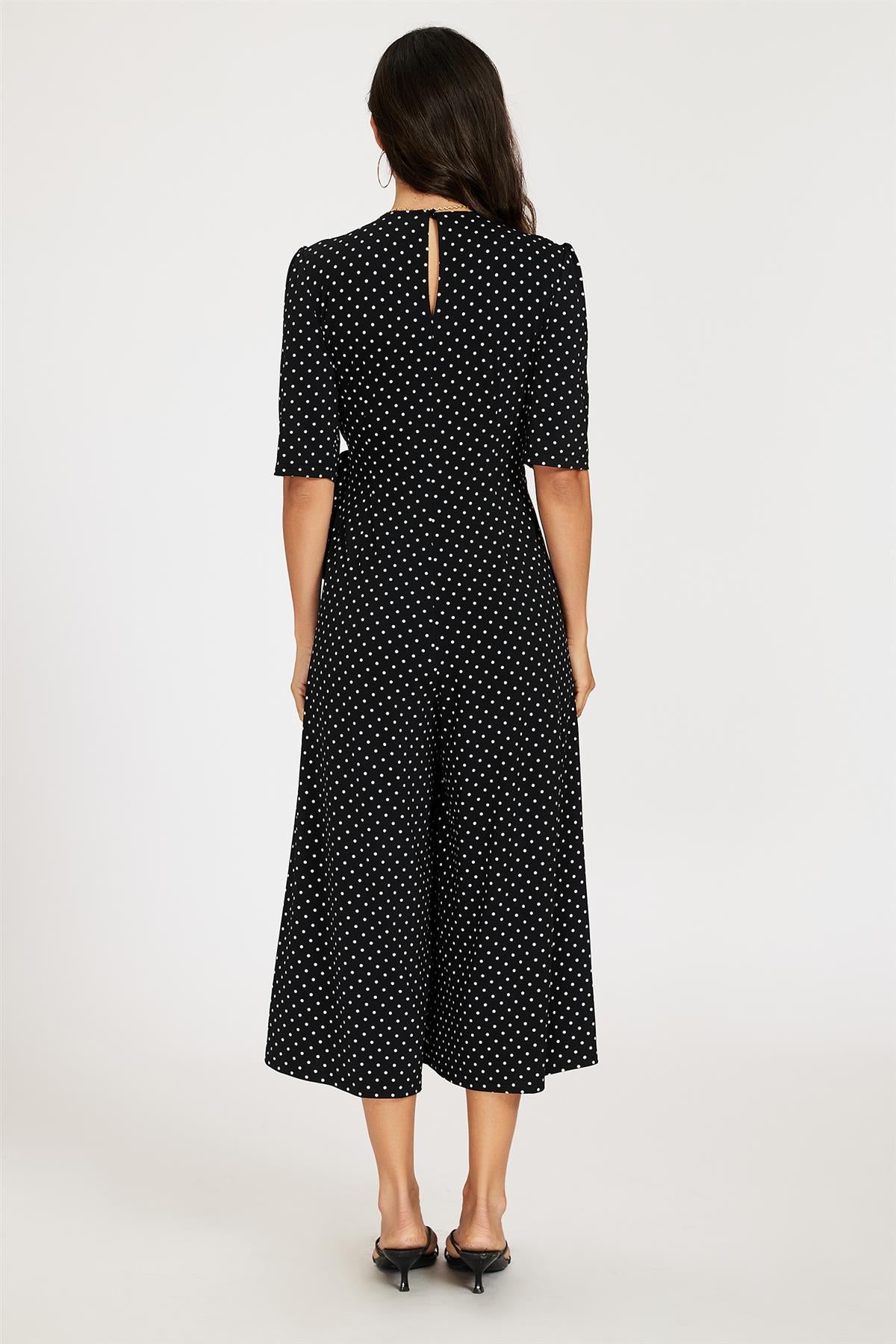 Dot Print Short Sleeve Jersey Jumpsuit In Black