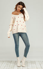 Embroidery Red Heart V Neck Jumper In Cream