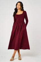 Burgundy Square Neck Button-Front Long Sleeve Midi Dress