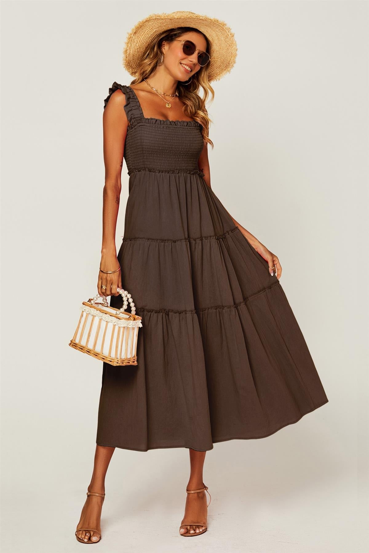 Hem Detail Tiered Maxi Dress In Brown