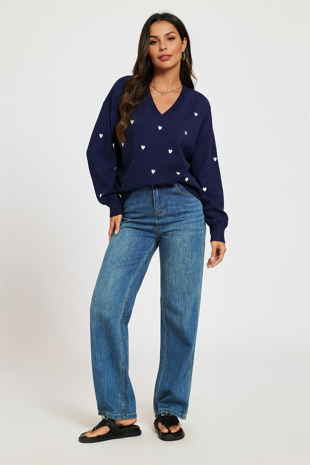 Embroidery White Heart V Neck Jumper In Navy