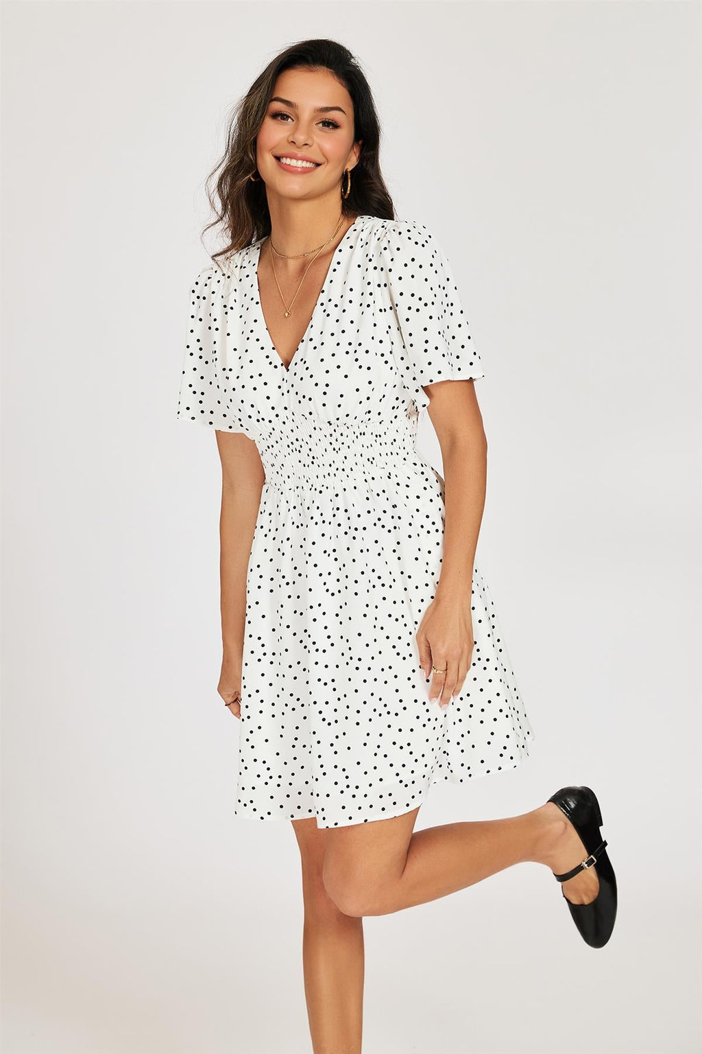 Dot Print Short Sleeve Mini Dress In White