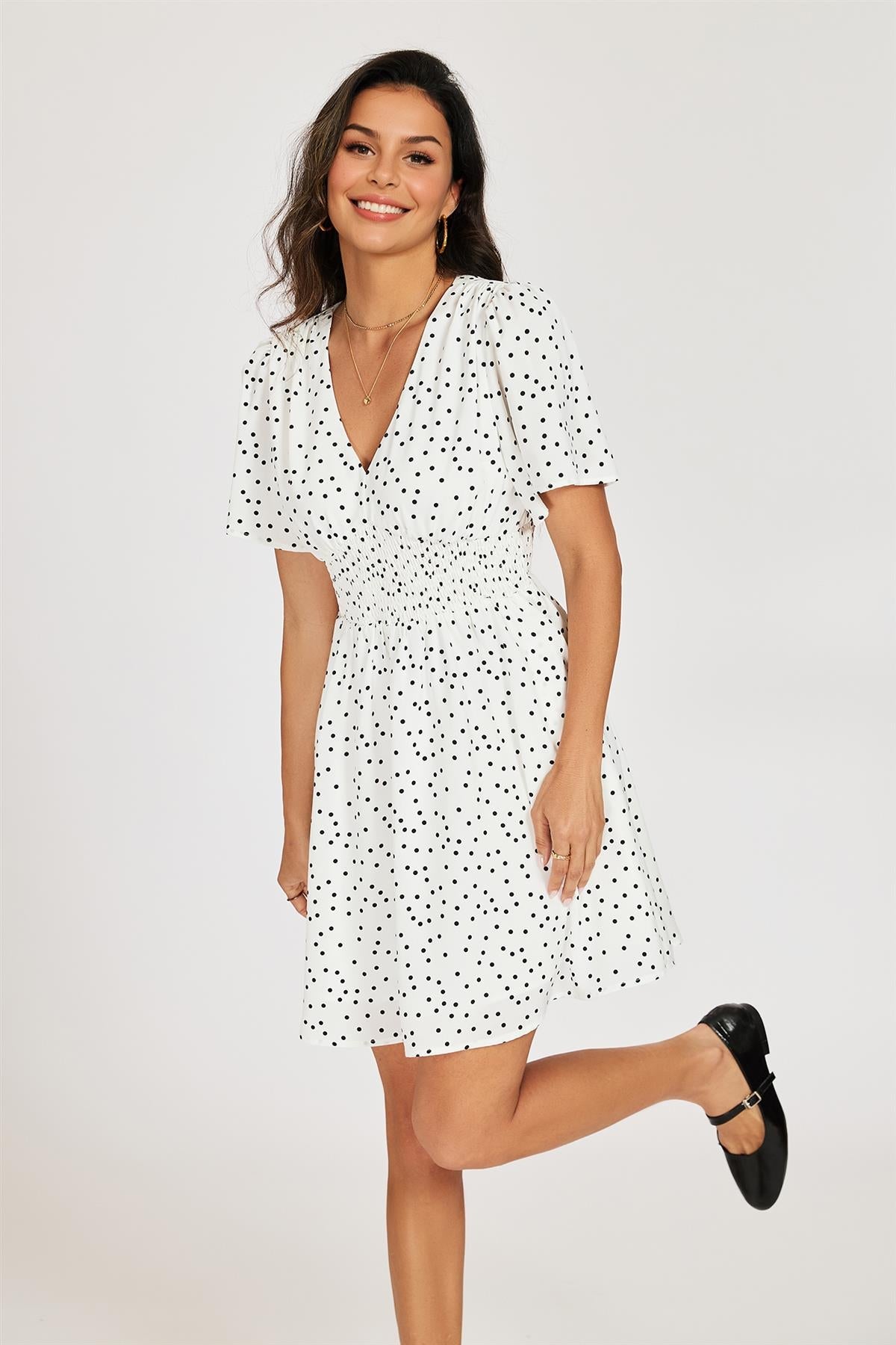 Dot Print Short Sleeve Mini Dress In White