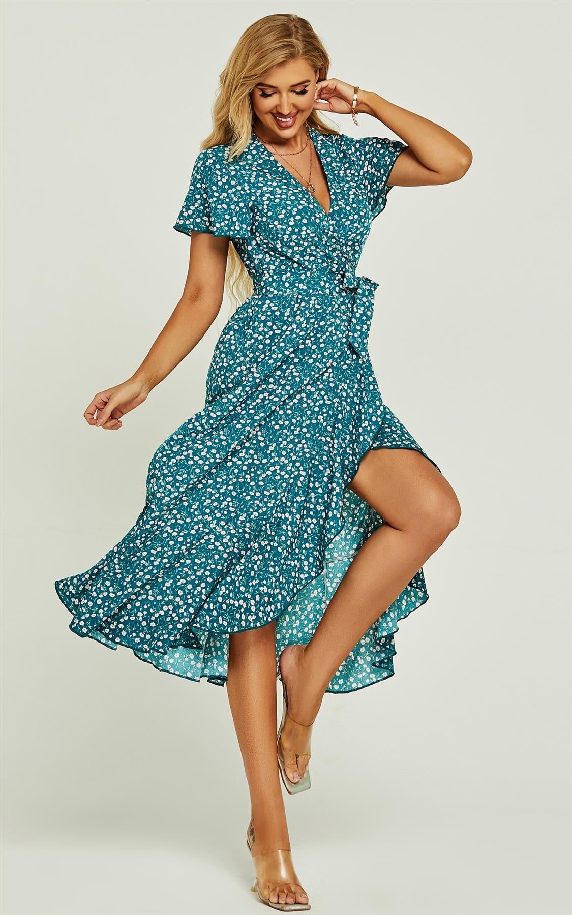 Angel Sleeve Wrap Midi Dress In Green Floral Print