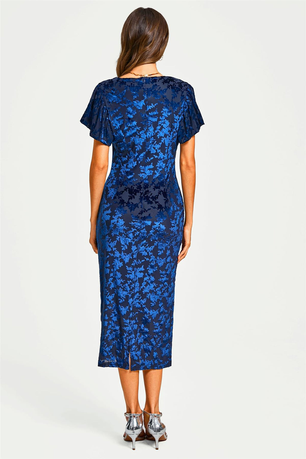 Floral Velvet Devore Puff Sleeve Bodycon Midi Dress In Navy