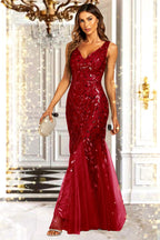 Sequin Leaf Detailed V Neck Bridesmaid Maxi Dress In Wine