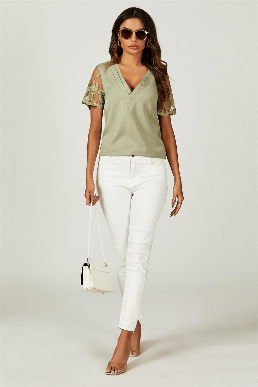Lace Short Sleeve v Neck Blouse Top In Olive