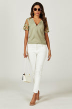 Lace Short Sleeve v Neck Blouse Top In Olive