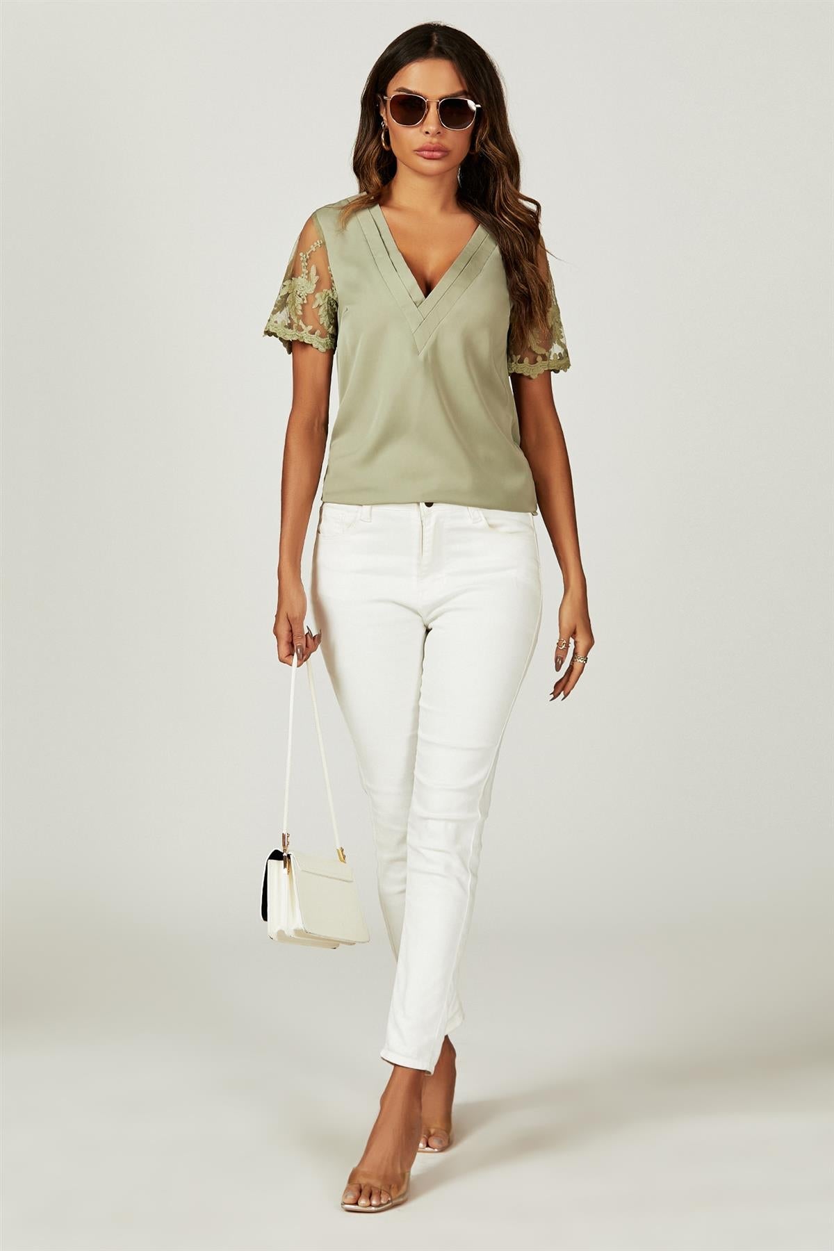 Lace Short Sleeve v Neck Blouse Top In Olive