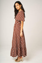 Dot Print Angel Sleeve V Neck Frill Hem Midi Dress In Brown