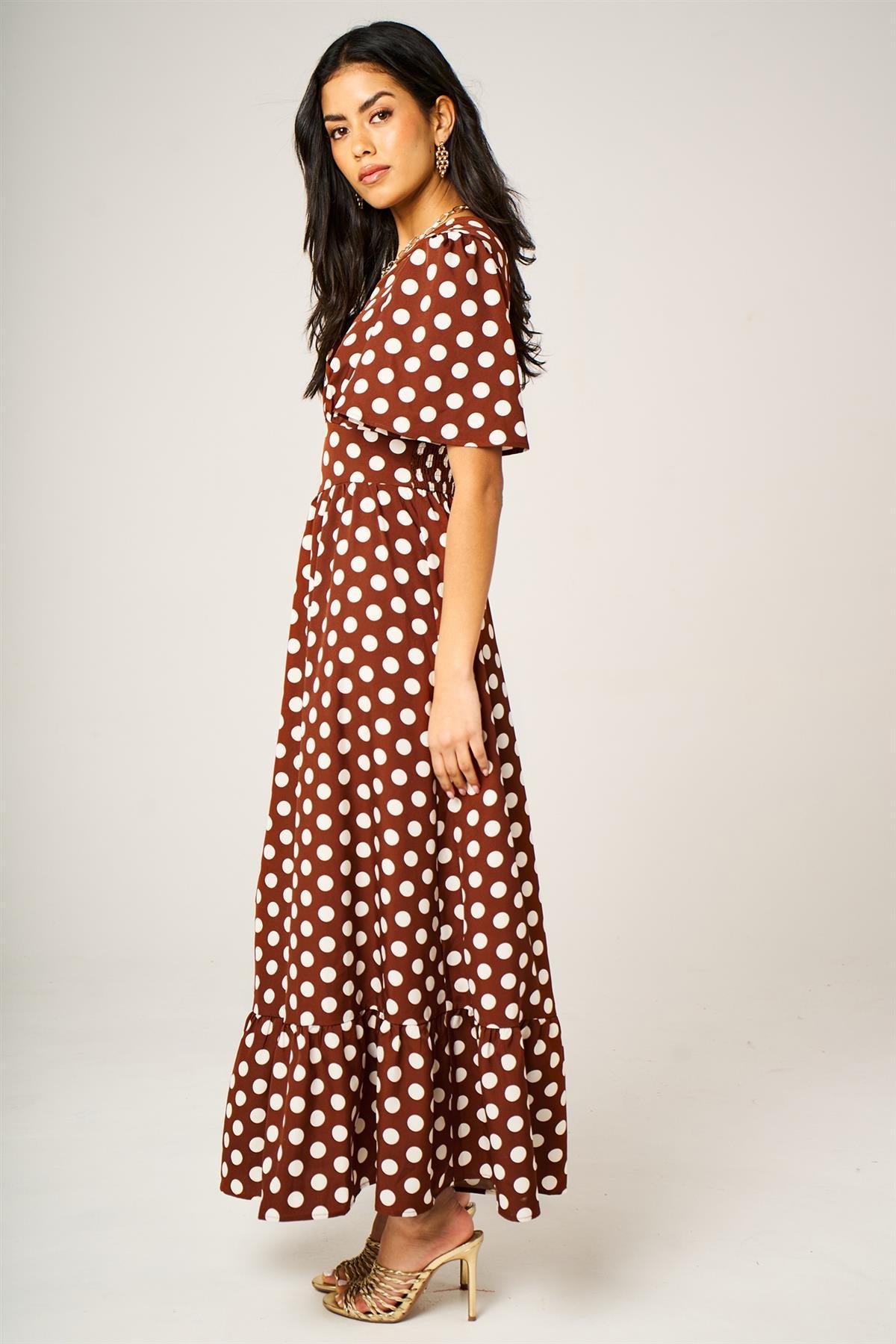 Dot Print Angel Sleeve V Neck Frill Hem Midi Dress In Brown