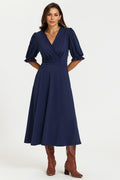 Half Sleeves Jersey Midi Dress with Wrap Neckline In Navy