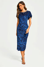 Floral Velvet Devore Puff Sleeve Bodycon Midi Dress In Navy