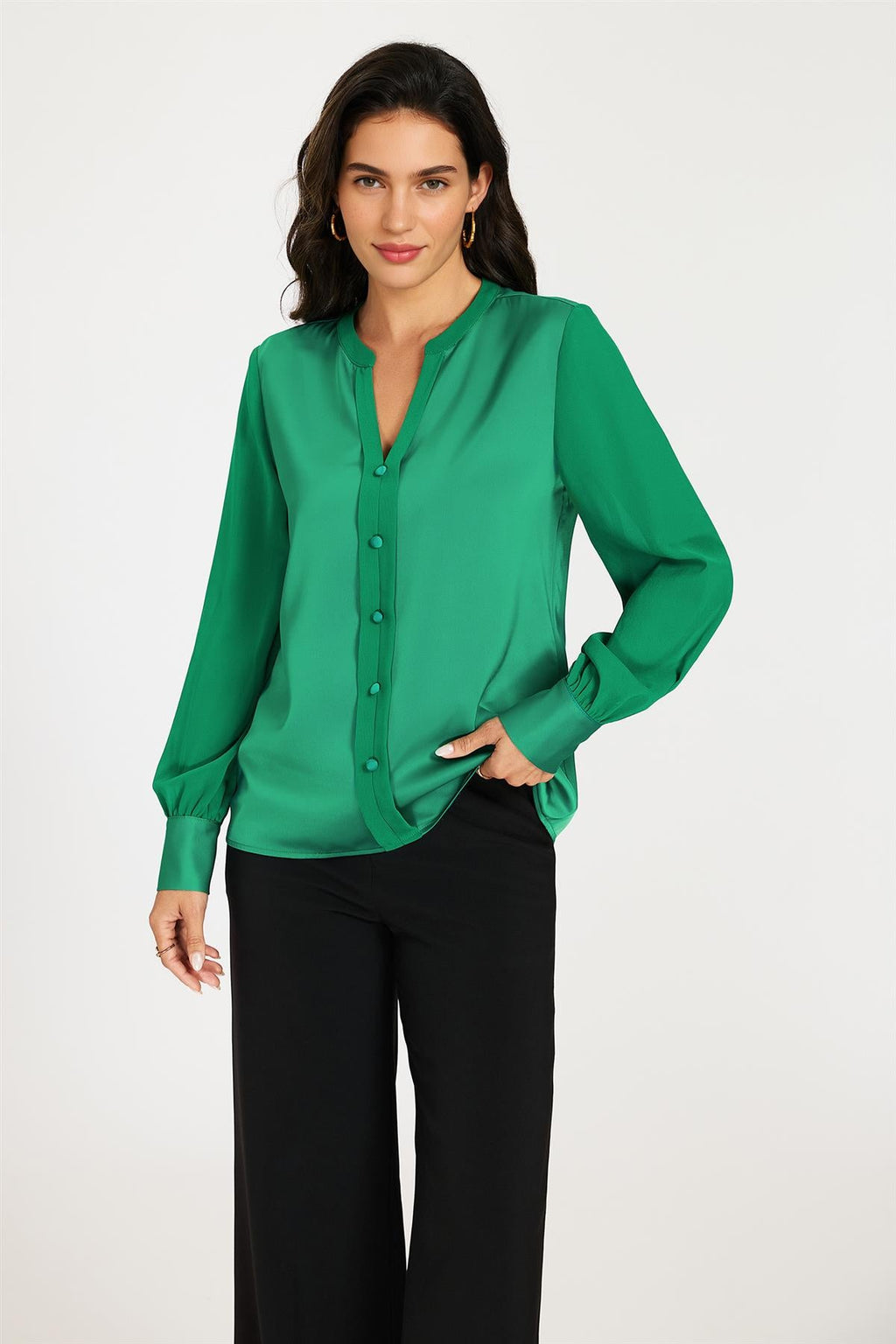 Long Sheer Sleeve Satin Notch Neck Blouse Top In Green