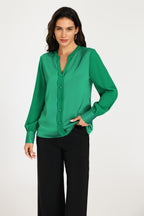 Long Sheer Sleeve Satin Notch Neck Blouse Top In Green