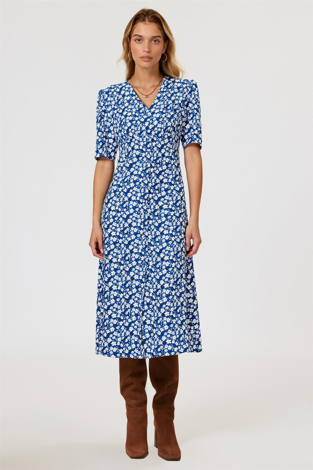 Floral Print Button Front Midi Dress In Blue